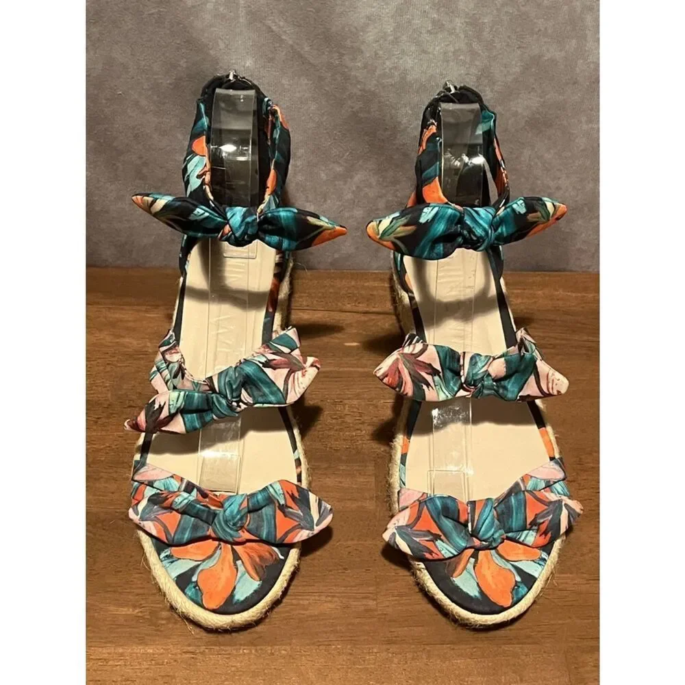 Nine West Floral Espadrille 3 Bow Allegro Ankle-Tie Sandals Teal & Coral size 8